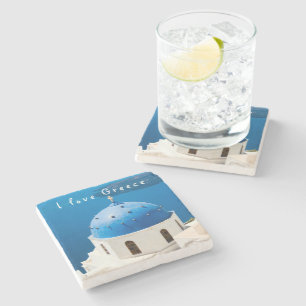 I love Greece Church Santorini blue photo and text Stone Coaster
