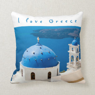 I love Greece Church Santorini blue photo and text Throw Pillow