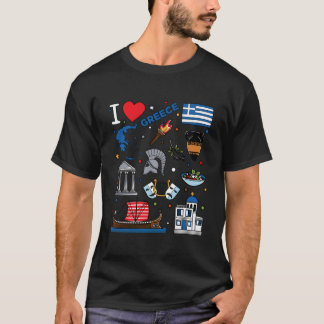I Love Greece Hand Drawn Greek Landmarks Flag And T-Shirt