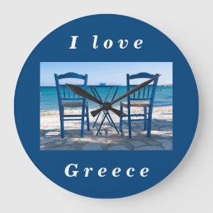 I love Greece taverna photo blue and white Large Clock