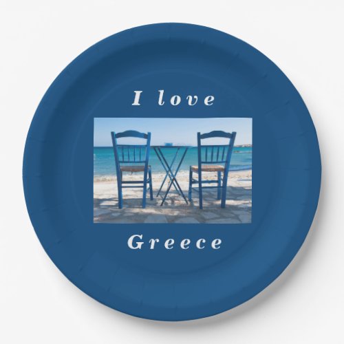 I love Greece taverna photo blue and white Paper Plates