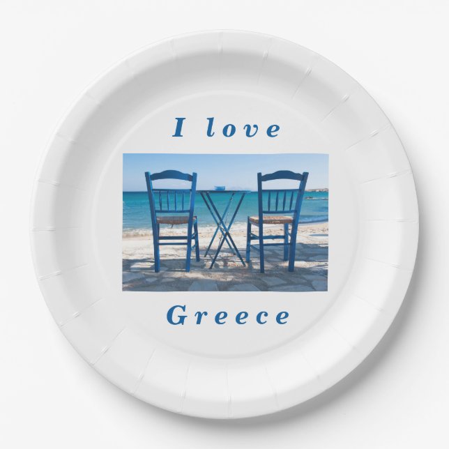 I love Greece taverna photo blue and white Paper Plates (Front)