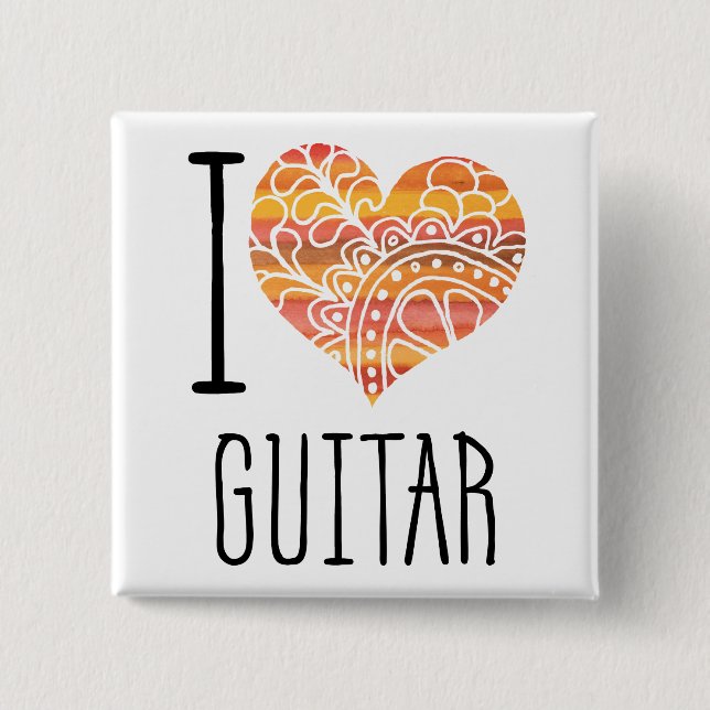 I Love Guitar Orange Mandala Heart Button (Front)