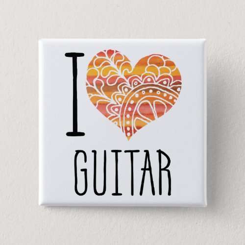 I Love Guitar Orange Mandala Heart Button