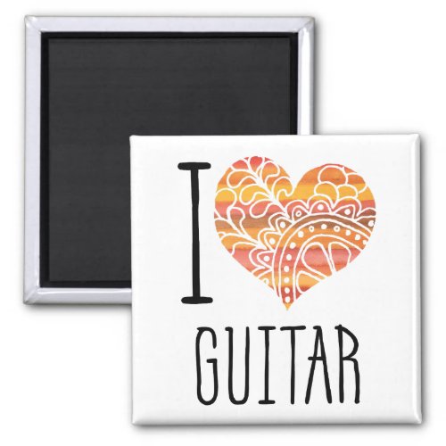 I Love Guitar Yellow Orange Mandala Heart Square Magnet