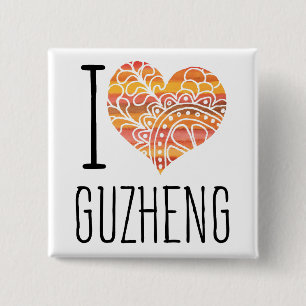 I Love Guzheng Orange Mandala Heart Button