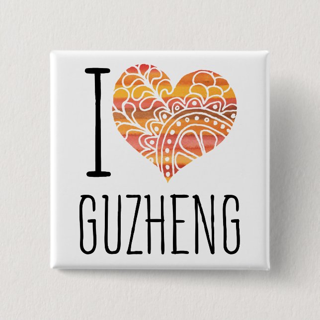 I Love Guzheng Orange Mandala Heart Button (Front)