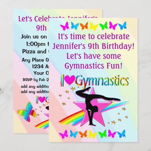 I LOVE GYMNASTICS BIRTHDAY INVITATION (Front/Back)