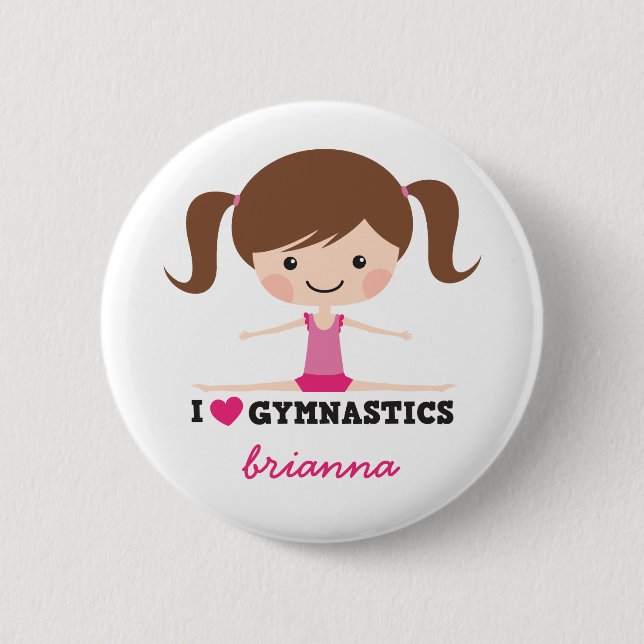 I love gymnastics cartoon girl personalized name button (Front)