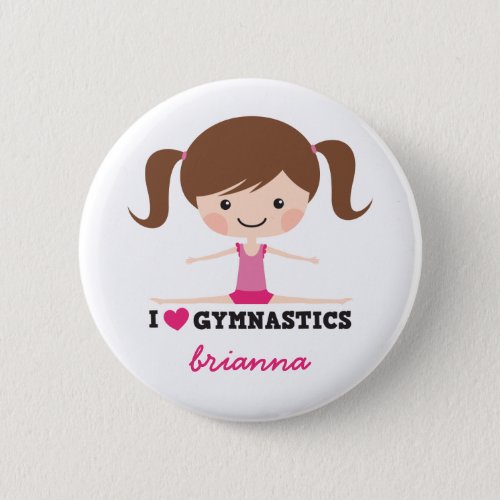 I love gymnastics cartoon girl personalized name button