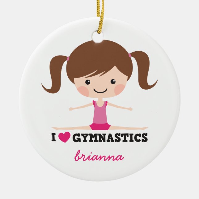 I love gymnastics cartoon girl personalized name ceramic ornament (Front)