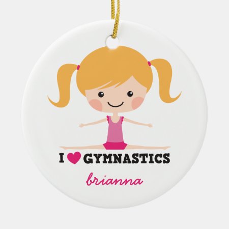 I Love Gymnastics Cartoon Girl Personalized Name Ceramic Ornament