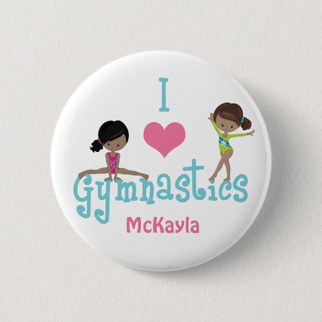 I Love Gymnastics Cute African American Girl Button (Front)