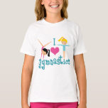 I Love Gymnastics Cute Gymnast Kids T-Shirt<br><div class="desc">I Love Gymnastics. A pretty gymnastics girl gift with adorable teal text in between two tumbling girls and a beautiful pink heart. A cute gymnast present for a kids or women's gymnastic coach.</div>