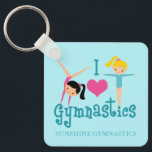 I Love Gymnastics Cute Gymnast Personalized Teal Keychain<br><div class="desc">I Love Gymnastics. A pretty gymnastics girl gift with adorable teal text in between two tumbling girls and a beautiful pink heart. A cute gymnast keychain for a kids gym or women's gymnastic coach.</div>