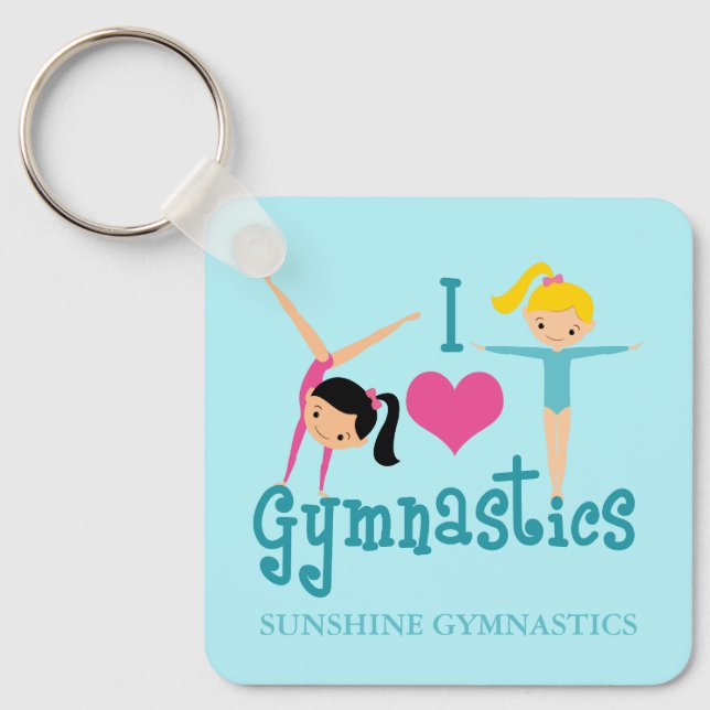 I Love Gymnastics Cute Gymnast Personalized Teal Keychain (Front)