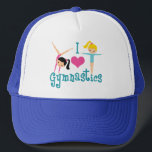 I Love Gymnastics Cute Gymnast Trucker Hat<br><div class="desc">I Love Gymnastics. A pretty gymnastics girl hat gift with adorable teal text in between two tumbling girls and a beautiful pink heart. A cute gymnast present for a kids or women's gymnastic coach.</div>