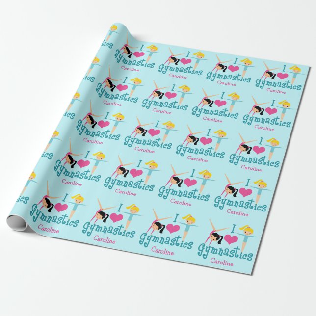 I Love Gymnastics Cute Personalized Gymnast Wrapping Paper (Unrolled)