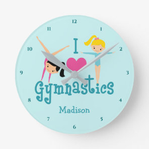 I Love Gymnastics Cute Personalized Teal Gymnast Round Clock