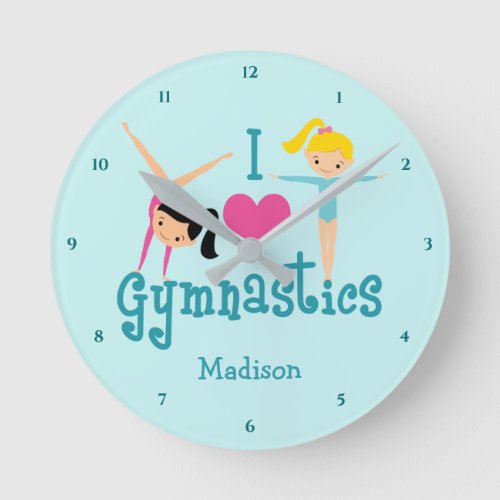 I Love Gymnastics Cute Personalized Teal Gymnast Round Clock