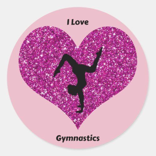 I Love Gymnastics Glitter Heart Round Sticker