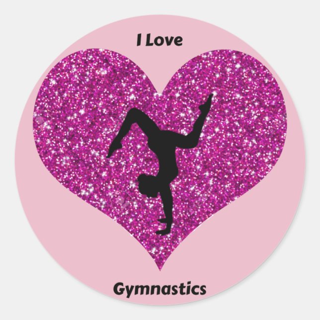 I Love Gymnastics Glitter Heart Round Sticker (Front)