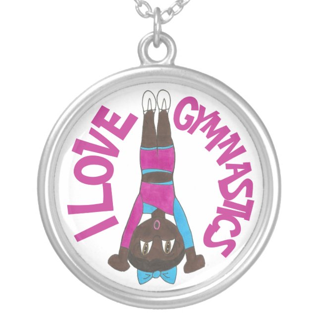I Love Gymnastics Gymnast Tumbling Girl Acrobatics Silver Plated Necklace (Front)