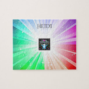 "I LOVE GYMNASTICS" lights puzzle with gymnast.