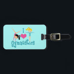 I Love Gymnastics Luggage Tag<br><div class="desc">I Love Gymnastics. A pretty gymnastics girl gift with adorable teal text in between two cute tumbling little girls and a beautiful pink heart. A cute gymnast present for a kids or women's gymnastic coach. A brunette in a handstand and a blonde girl with arms extended.</div>