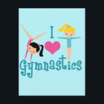 I Love Gymnastics Postcard<br><div class="desc">I Love Gymnastics. A pretty gymnastics girl gift with adorable teal text in between two cute tumbling little girls and a beautiful pink heart. A cute gymnast present for a kids or women's gymnastic coach. A brunette in a handstand and a blonde girl with arms extended.</div>