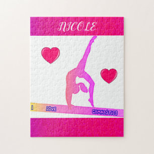 "I Love Gymnastics" puzzle with hearts.