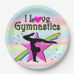 I LOVE GYMNASTICS TUMBLING QUEEN DESIGN PAPER PLATES