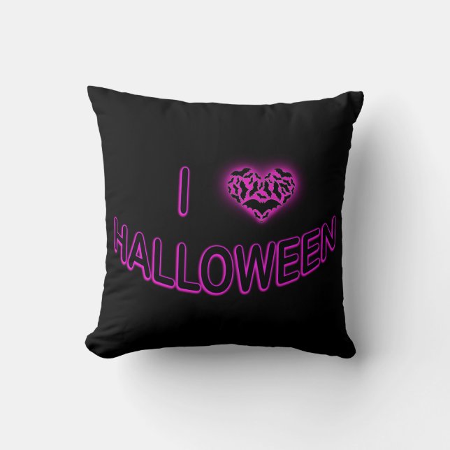I Love Halloween (Batty Love Heart) Purple Throw Pillow (Front)