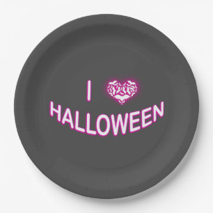 I Love Halloween (Batty Love Heart) Purple White Paper Plates