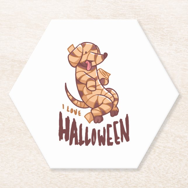 I Love Halloween - Dog Mummy Paper Coaster (Front)