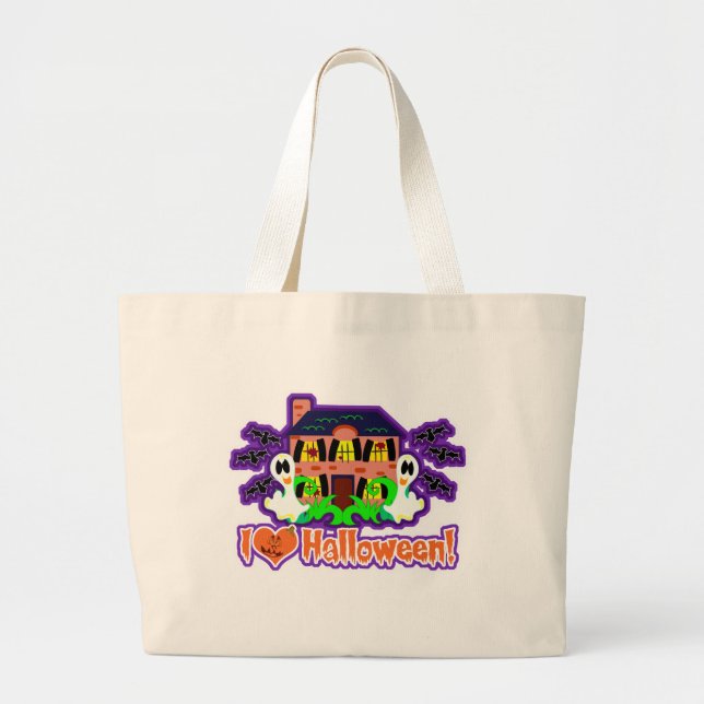 I Love Halloween Funny Ghost Cartoon Large Tote Bag (Front)
