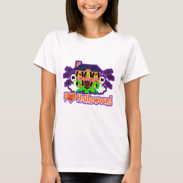 I Love Halloween Haunted House Epic Illustration T-Shirt (Front)