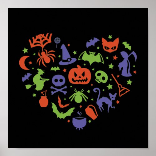 I Love Halloween Heart Shape Spooky Elements Poster