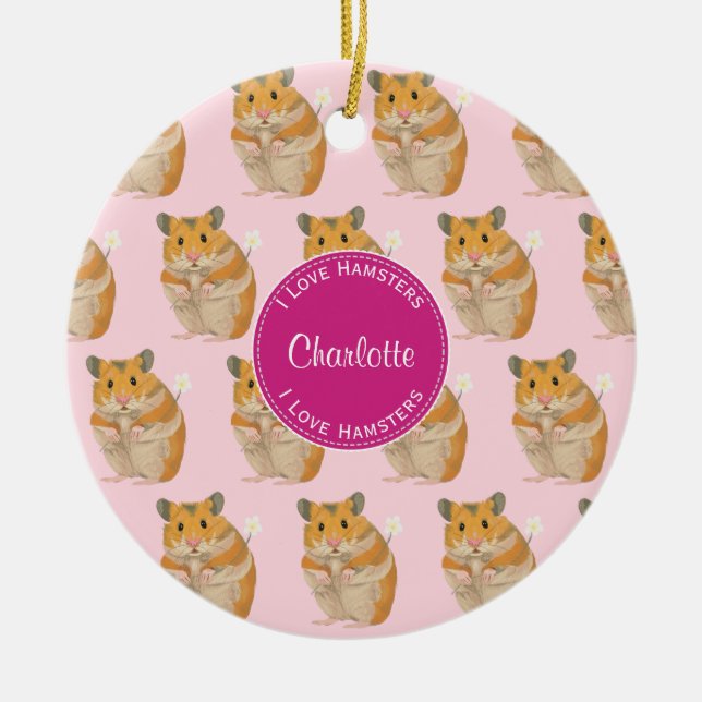 I love Hamsters Pink Hamster Pattern Ceramic Ornament (Front)