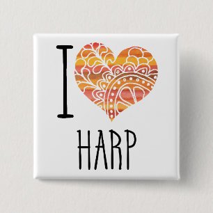 I Love Harp Orange Mandala Heart Button