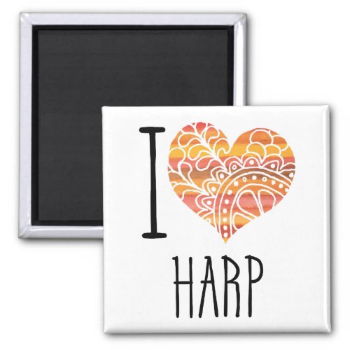 I Love Harp Yellow Orange Mandala Heart Square Magnet