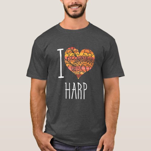 I Love Harp Yellow Orange Mandala Heart T-Shirt