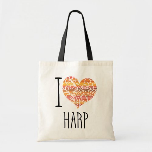 I Love Harp Yellow Orange Mandala Heart Tote Bag