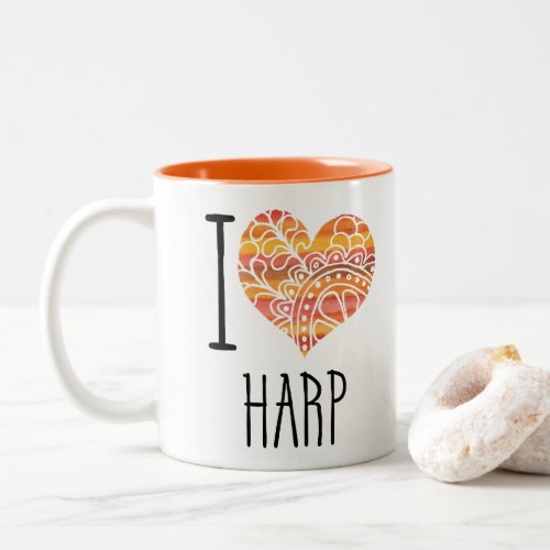 I Love Harp Yellow Orange Mandala Heart Two-Tone Coffee Mug