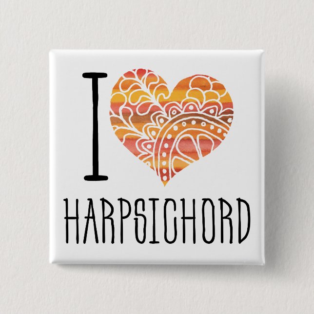 I Love Harpsichord Orange Mandala Heart Button (Front)