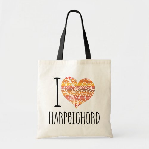 I Love Harpsichord Yellow Orange Mandala Heart Tote Bag