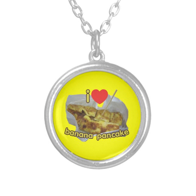 I Love (Heart) Banana Pancake ... Thai Street Food Silver Plated Necklace (Front)