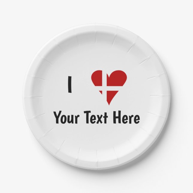 I  Love (Heart Danish Flag) Personalized Text Paper Plates (Front)