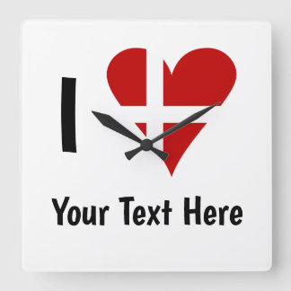 I  Love (Heart Danish Flag) Personalized Text Square Wall Clock