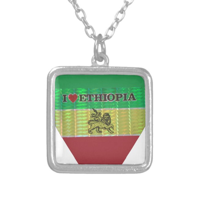 I Love Heart Ethiopia: Flag Art Motif Silver Plated Necklace (Front)